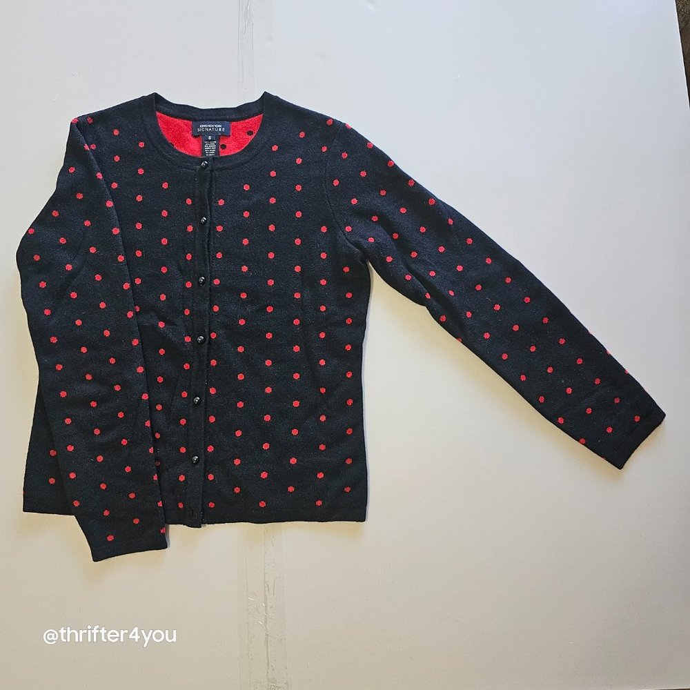 Jones New York Signature Cardigan Black Red Dot Button Wool Angora Small